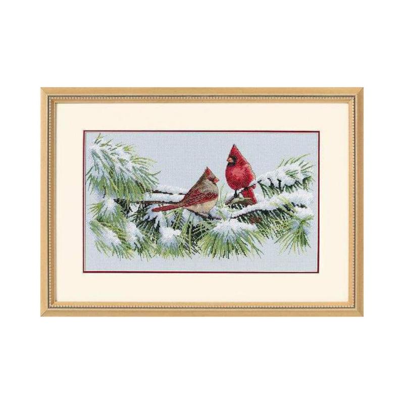 35178 набор для вышивания крестом dimensions winter cardinals "зимние кардиналы" | интернет-магазин Елена-Рукоделие