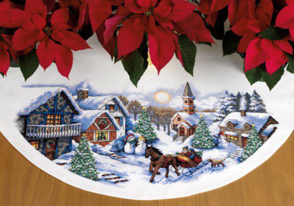 70-08830 набор для вышивания крестом dimensions sleigh ride tree skirt "поездка на санях в сумерках. скатерть-юбочка под елку" | интернет-магазин Елена-Рукоделие