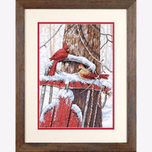 70-08837 набор для вышивания крестом dimensions cardinals on sled "кардиналы на санках" | интернет-магазин Елена-Рукоделие