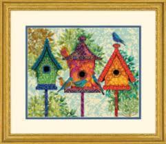 71-20088 Набір для вишивання подушки (гобелен) DIMENSIONS Colorful Birdhouses "Яскраві будиночки | інтернет-магазин 'Елена-Рукоделие'