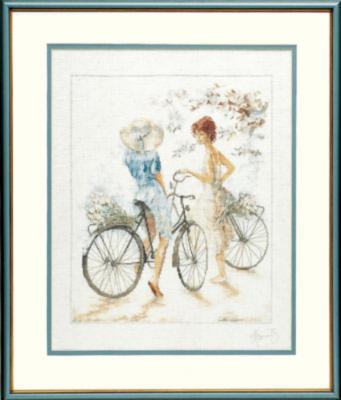 pn-0007949 набор для вышивки крестом lanarte girls on bicycle "девушки на велосипедах" | интернет-магазин Елена-Рукоделие