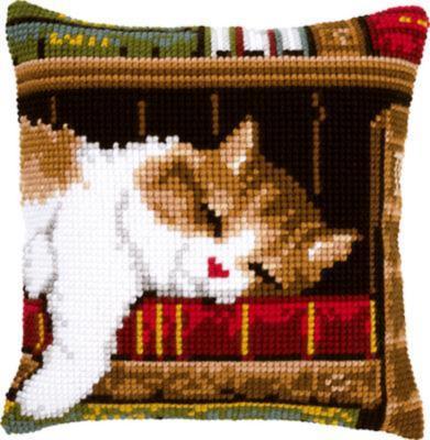 pn-0146409 набор для вышивки крестом vervaco cat sleeping on bookshelf "спящий кот на книжной полке" | интернет-магазин Елена-Рукоделие