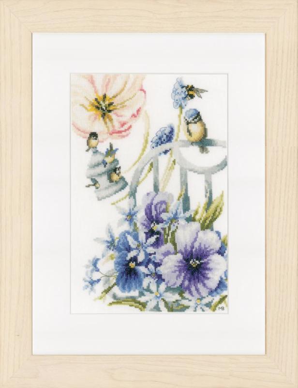 pn-0154462 набор для вышивки крестом lanarte blue tits and violets "голубые синички и фиалки" | интернет-магазин Елена-Рукоделие
