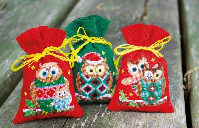 pn-0155943 набор для вышивания крестом (мешочки для саше) vervaco christmas owls "рождественские совы" | интернет-магазин Елена-Рукоделие