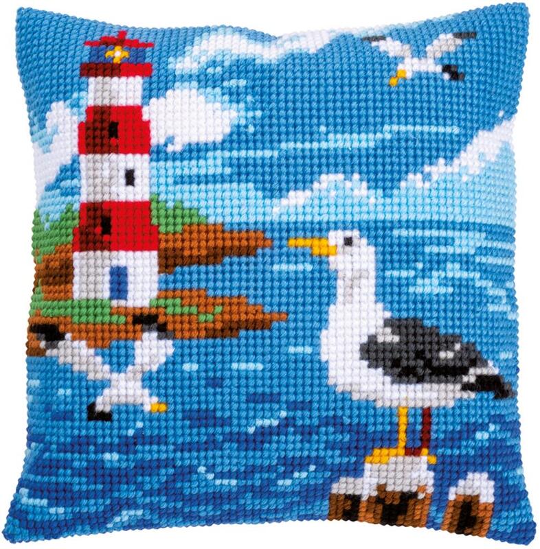 pn-0158364 набор для вышивания несчётный крест (подушка) 40х40, lighthouse and seagulls vervaco | интернет-магазин Елена-Рукоделие