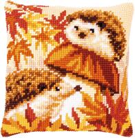 pn-0187296 набор для вышивания крестом (подушка) vervaco hedgehogs on mushroom "ежики на грибах" | интернет-магазин Елена-Рукоделие